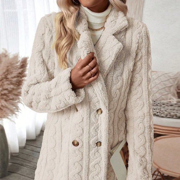 Apricot Preppy Womens Double Breasted Lapel Neck Flannelette Coat - Picture 5 of 5